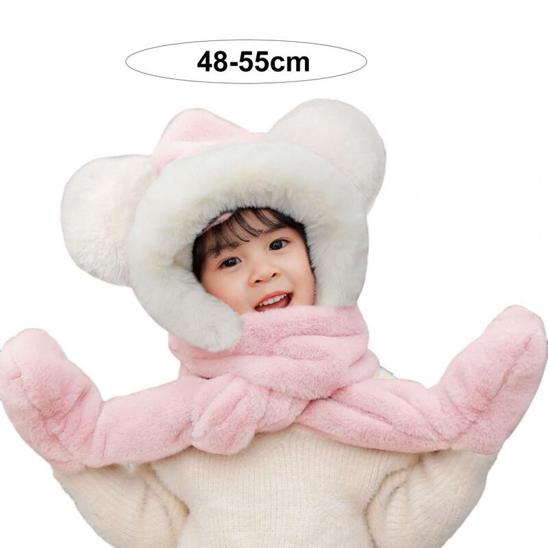 Sarung tangan syal topi musim dingin anak-anak, Kombo tebal mewah hangat telinga leher perlindungan kepala dekorasi topi syal terintegrasi silang
