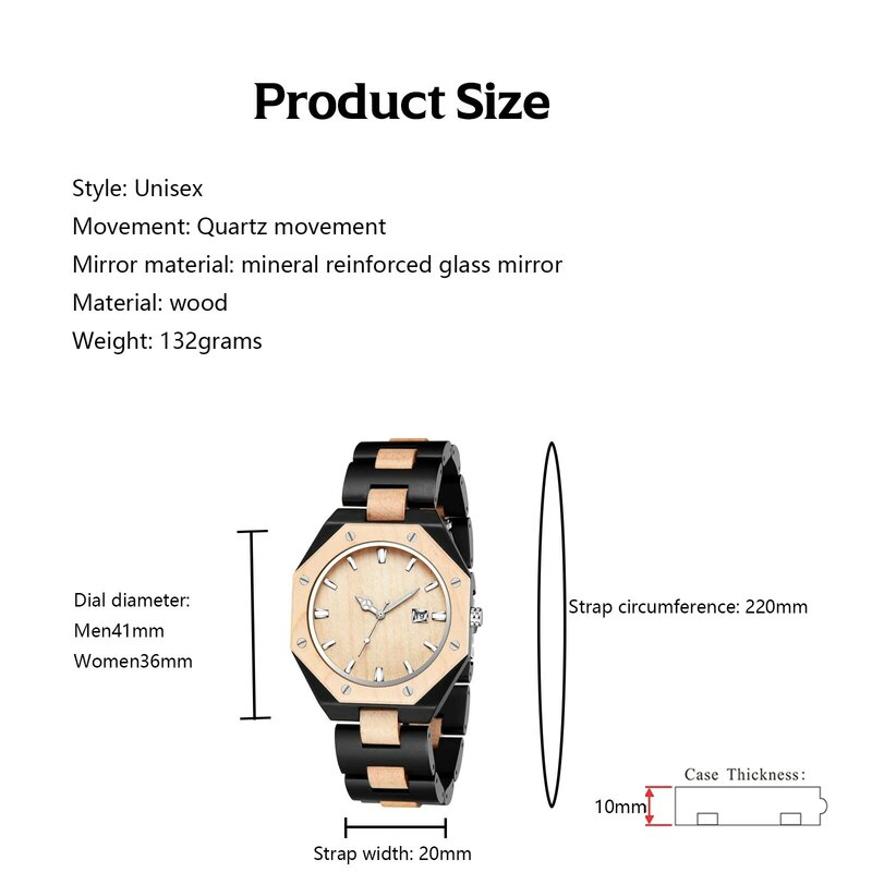 FANDAO wielokątny czarno-biały drewniany zegarek para, zegarek biznesowy kwarcowy, składana klamra drewniany pasek do zegarka-czarny i biały