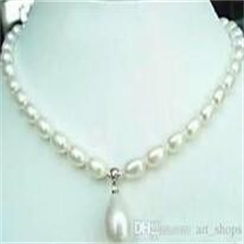 7-8ミリメートルホワイトアコヤ養殖真珠/シェル真珠のペンダント (12 × 16ミリメートル) ネックレス18"
