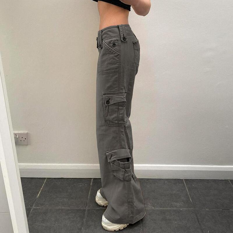 Calças jeans femininas multi bolso, calças com aba vintage, calças retas de perna larga, calças jeans cargo folgadas