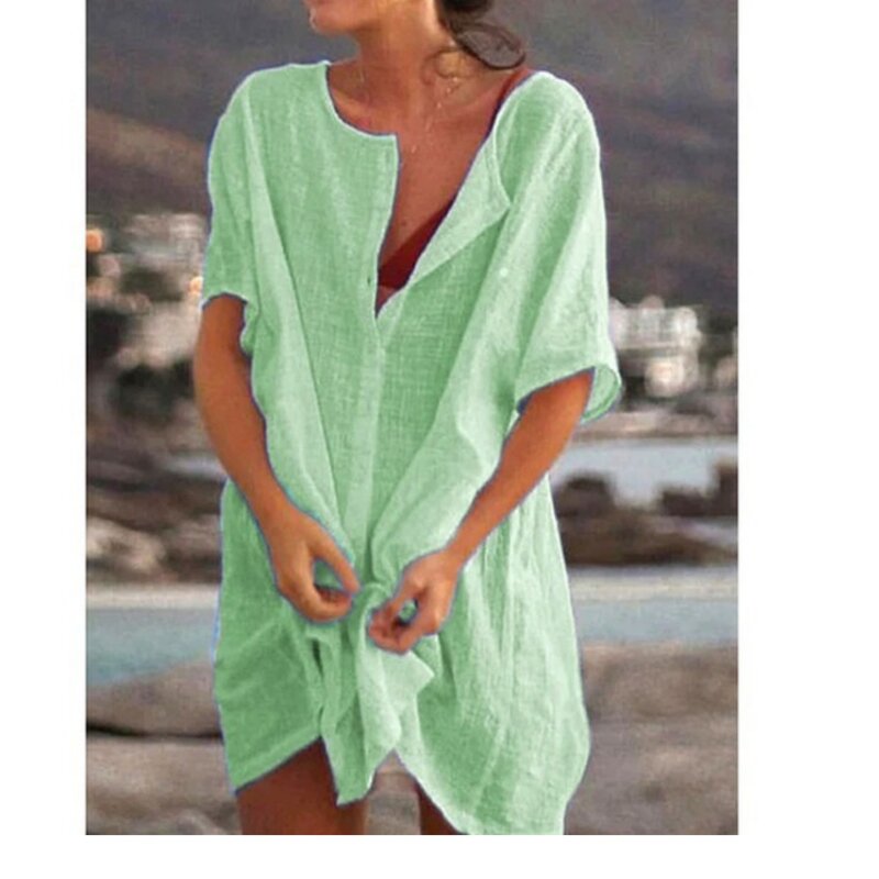 Camisa longa de algodão feminina, top solto sólido de manga curta, roupa de férias praia protetor solar, verão, 2024