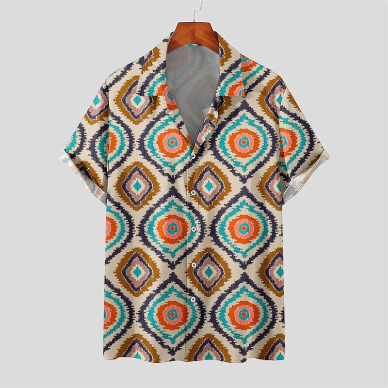 الرجال الموضة الصيف قصيرة الأكمام قميص الرجعية التلبيب عادية متعدد الألوان الطباعة الرقمية قميص