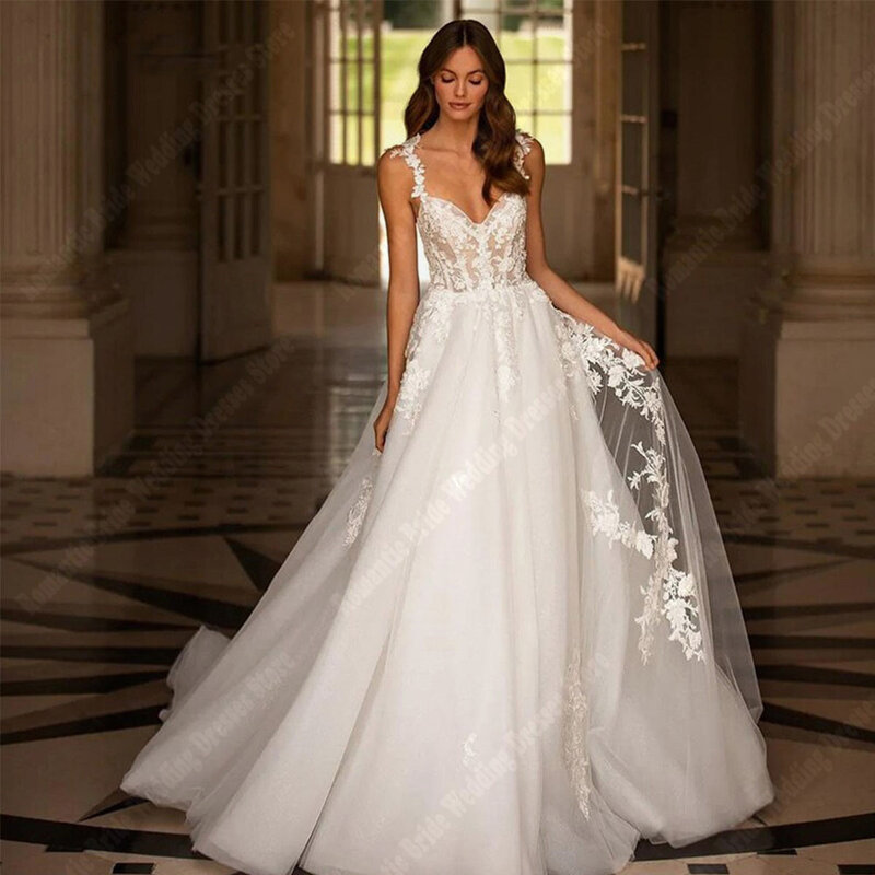 Wykwintne suknie ślubne w stylu A dla kobiet jasne tiulowe suknie ślubne bez rękawów księżniczka Vestidos De Novias 2024