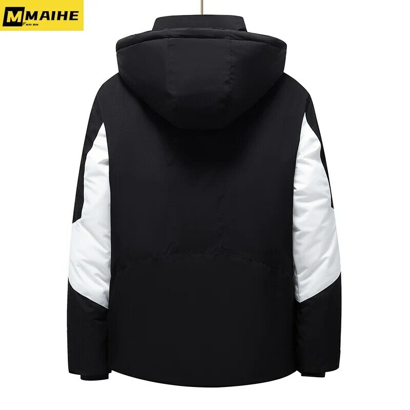 Men's Winter Short Down Jacket Hooded Fashion Color-block Down Jacket Men's Couple Thickened Windproof Warm White Duck Down Coat
