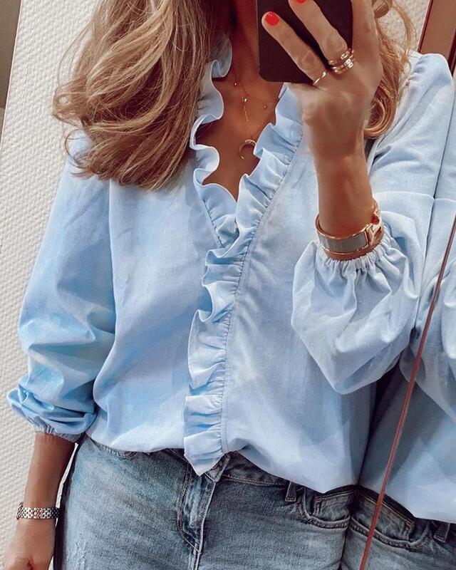 Fashion Women's Spring and Autumn Long sleeved Women's Shirt V-neck Shirt Casual Top Elegant Solid Color Shirt Plus Size Top