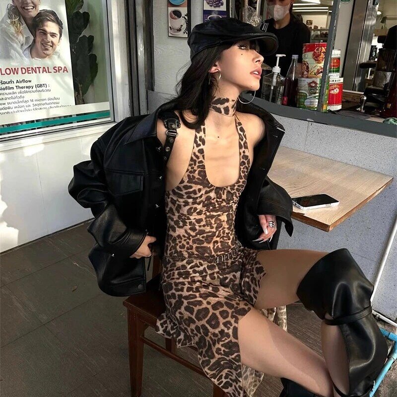 HOUZHOU-Vestido corto con estampado de leopardo para mujer, minivestido Vintage con Espalda descubierta, ropa de calle para fiesta, elegante