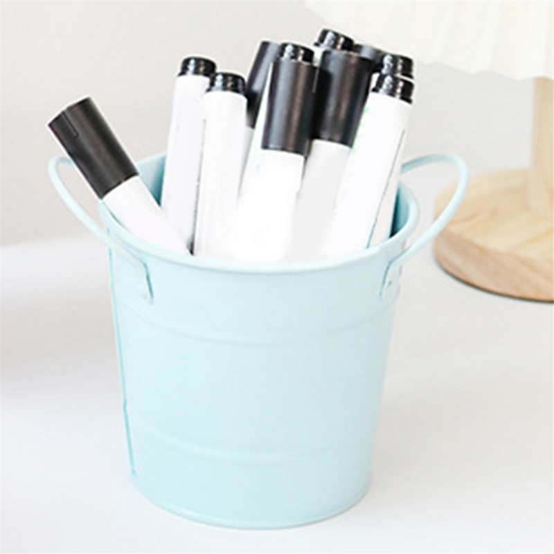 Tempat pena, ember logam kecil dengan pegangan pegangan pensil bulat untuk anak-anak, kelas, kerajinan, dan pesta putih