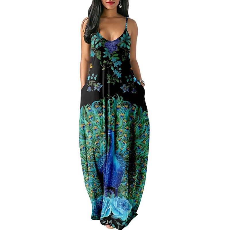 Винтажное женское платье ретро с принтом павлина, Пляжное готическое платье без рукавов, женский модный сарафан с карманами
