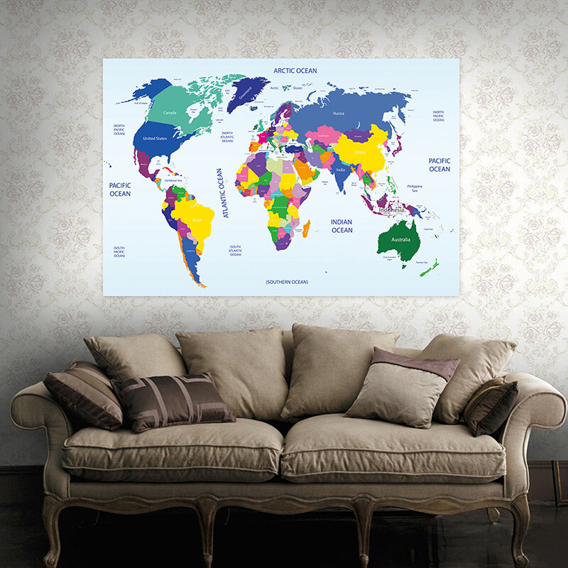 Mapa não tecido colorido da placa do país do mapa do mundo 150x100cm para o cartaz da decoração da parede da educação do escritório e da escola
