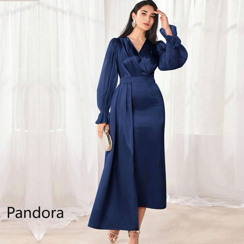 Pandora Women's Evening Prom Party Gown with Ankle Length Long V-Neck Long Sleeves Cocktail Dress 2024 Vestidos De Fiesta