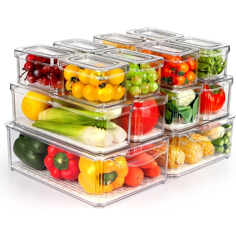 14 Pack Fridge Organizer, Stackable Refrigerator Organizer Bins with Lids, BPA-Free Fridge Organizers and Storage Containers