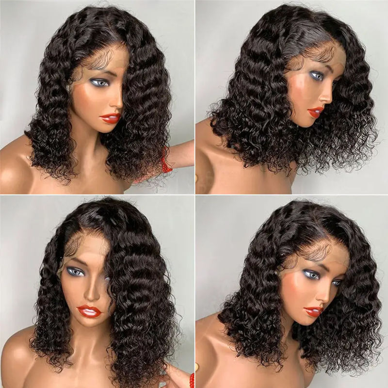 Short Curly Human Hair Bob Wig Deep Wave Transparent 13*4  Lace Front Wig 180% Density Transparent Brazilian Remy 100 Human Hair