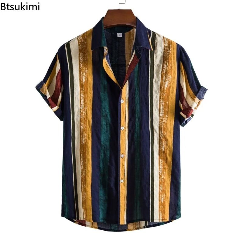 Camisas de manga corta de estilo coreano para hombre, blusa informal hawaiana a rayas para vacaciones, cómoda camisa suelta de Color de contraste