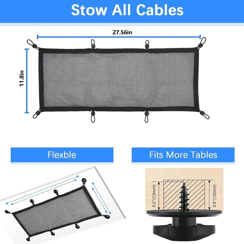 Kit de red de gestión de cables para debajo del escritorio, bandeja de malla de poliéster Flexible negro