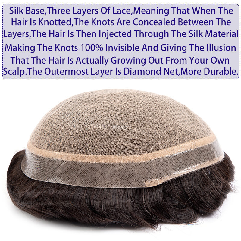 Man Toupee Silk Base With Diamond Net Cover Male Hair Prosthesis Durable Natural Human Hair Men's Wigs Hairpieces Systems Unit