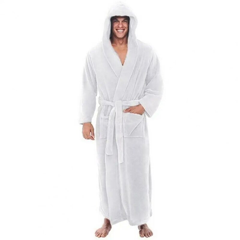 Men Hooded Bathrobe Sleepwear with Adjustable Belt Fluffy Winter Warm Male Midi Robe Nightgown Nightdress Soft Homewear
