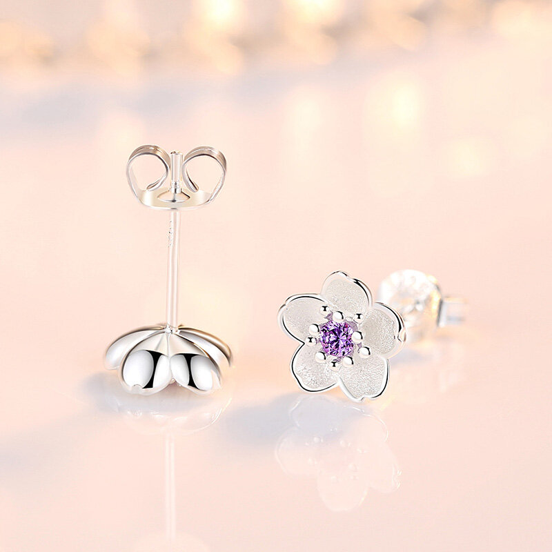 Real 925 Sterling Silver Crystal Jewelry New Flower Stud Earrings For Women XY0202