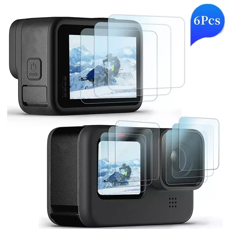 Protector de pantalla de vidrio templado HD para GoPro Hero 12, 11, 10, 9, lente negra y frontal y trasera 9H, 6/1 Uds.