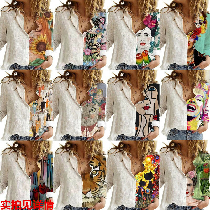 여성용 턴다운 칼라 긴팔 싱글 브레스트 셔츠, 패치워크 프린트 셔츠, 캐주얼 오피스 여성 의류, 패션 신제품