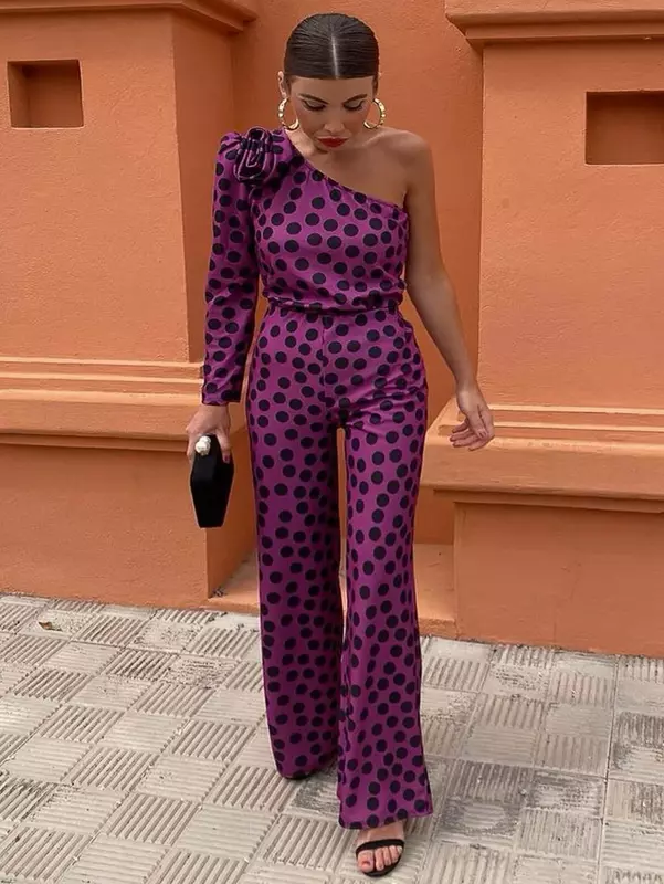 AOMEI One Shoulder Polka Dot Printed Jumpsuit Women Elegant One Piece African Female High Waist Wide Leg Rompers New Plus Size