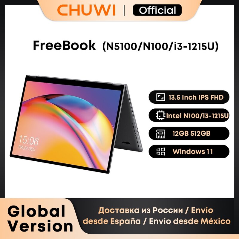 CHUWI-FreeBook Tablet PC portátil, FHD Touch Screen, janelas 11, Intel N100, i3-1215U, Quad Core, 12GB LPDDR5, 512G SSD, 13,5"