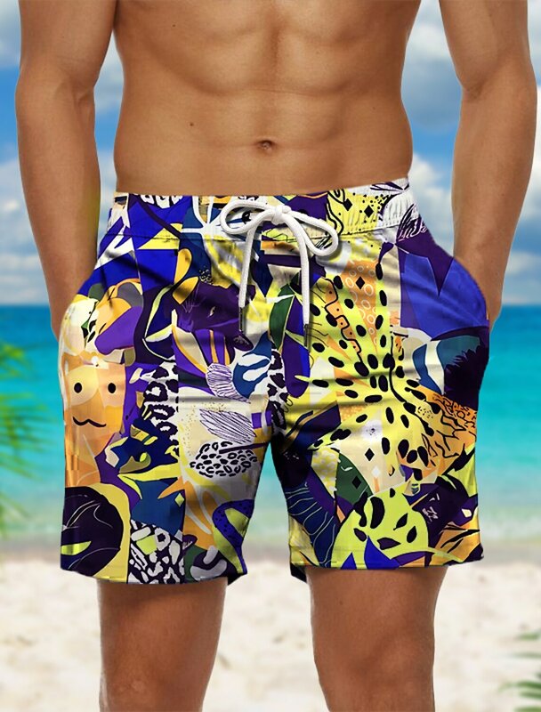 Pantalones cortos de baño para hombre, bañador con cordón, hoja, bloque de Color, estampado gráfico, secado rápido, informal, Hawaiano, vacaciones