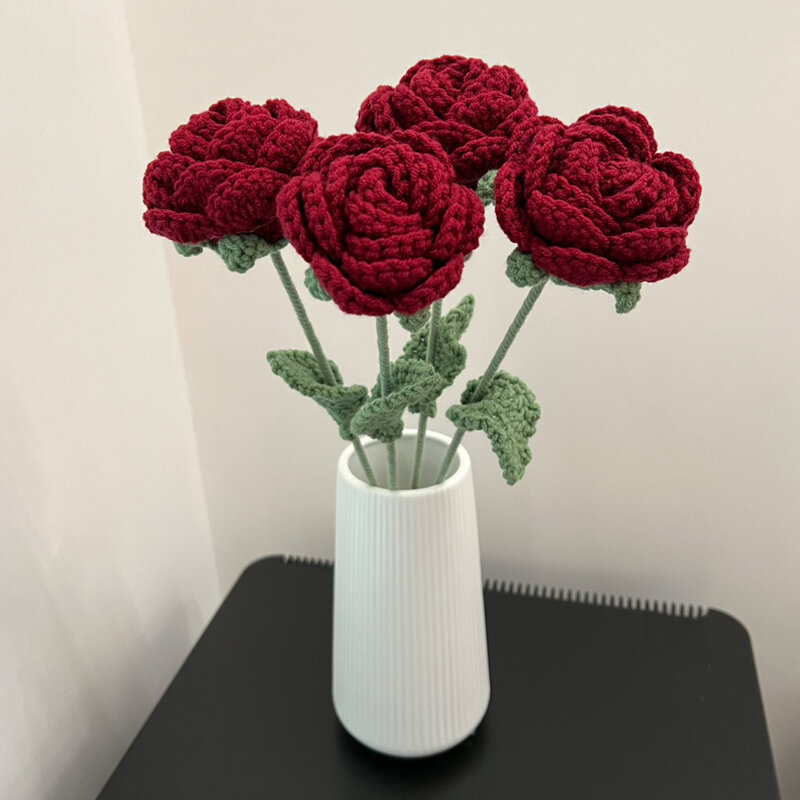 New Rose Flower Wedding Bouquet Fake Flower Handmade Knitting Crochet Flower Valentine's Day Party Home Decor
