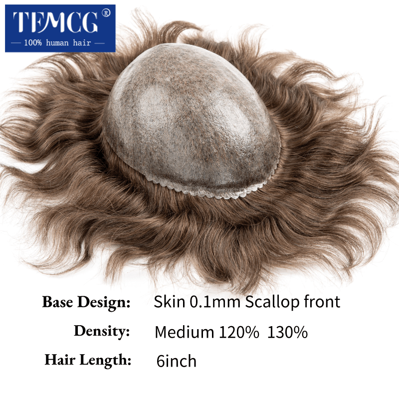 Perruque de Prothèse Capillaire pour Homme, Toupet, 100% Cheveux Humains Indiens, Cheveux de Peau Confortables, 0.1-0.12mm