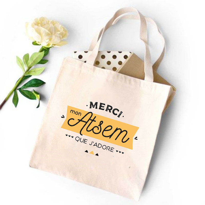 Super Atsem Eco Einkaufstasche Merci Atsem Französisch Druck Harajuku Mode Frauen Schule Taschen Geschenke Leinwand Personalisierte Schulter Taschen