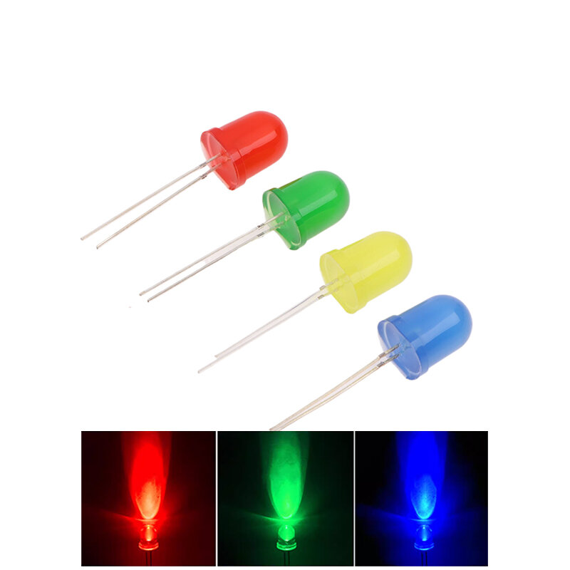 10PCS 10MM DIY F10 0.1W Diffused Round Light Emitting Diodes LED Assorted Kit 5 Colors White Red Green Blue Yellow