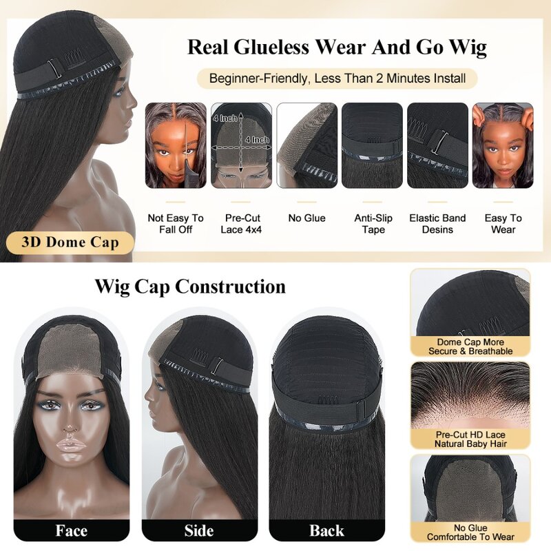 Wig tanpa lem, Wav renda tubuh depan dan pergi sintetis 4 × 4 HD renda penutup Wig sebelum dipetik garis rambut Pre Cut untuk WANITA HITAM