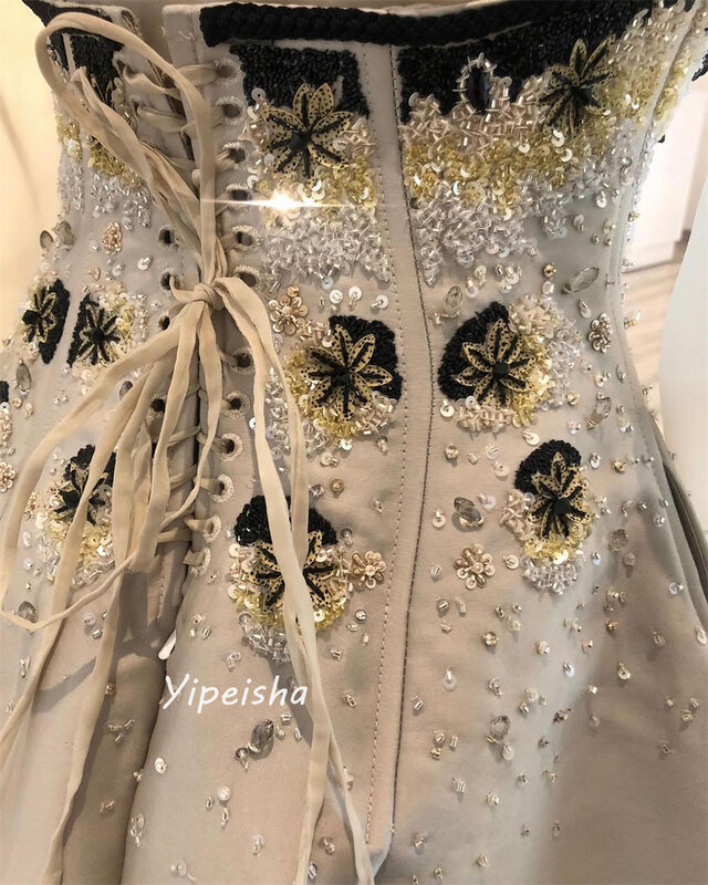 Abito da ballo Arabia saudita Prom squisito scollo a v a-line perline paillettes drappeggiato lunghezza del pavimento in raso abiti da sera su misura