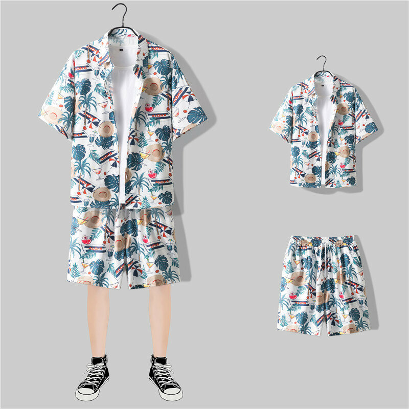 Trendy Hawaiian Blossom for Men's Summer Leisure Sports Set Short sleeved Shorts Two Pieces Full Set for Puppy Boys 1981 shirt