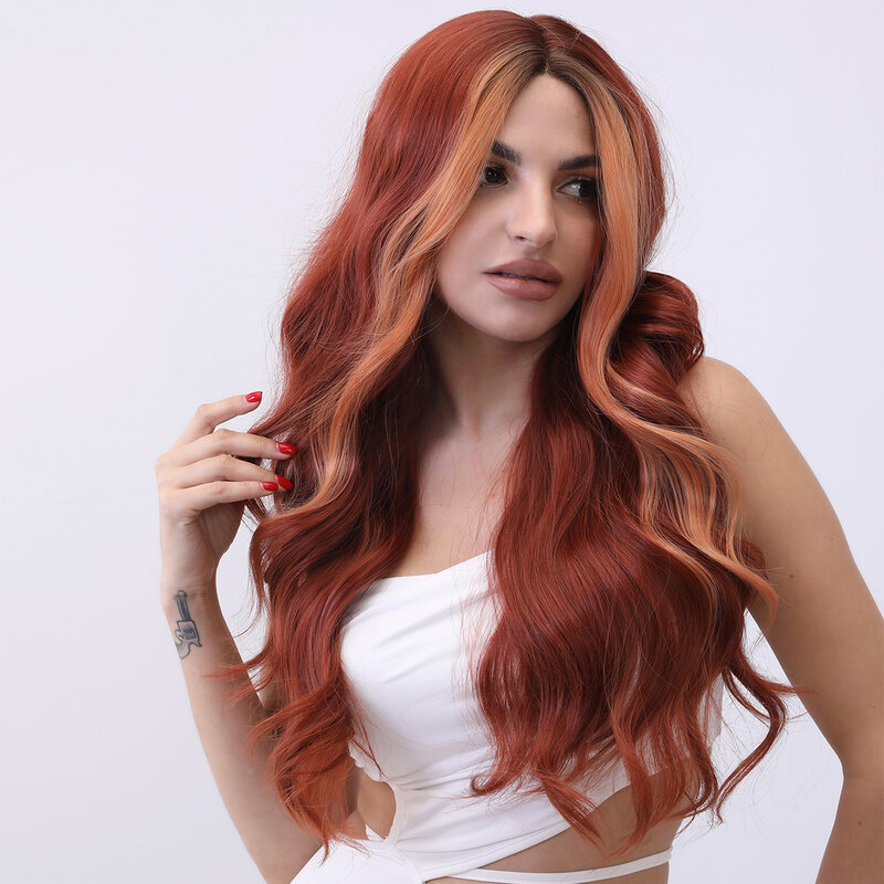 Smilco Omber Wig keriting renda depan sintetis pirang oranye untuk wanita Wig rambut panjang pesta Cosplay harian rambut palsu tahan panas