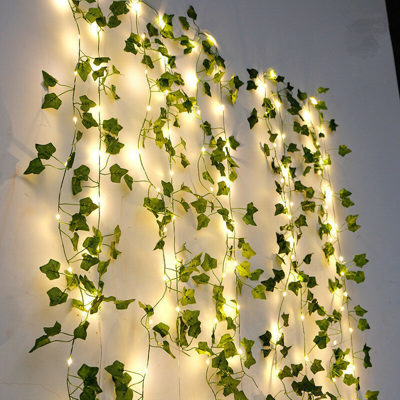 Guirnalda de luces de flores y hojas verdes para decoración del hogar, guirnalda de luces de vid Artificial con batería para árbol de Navidad