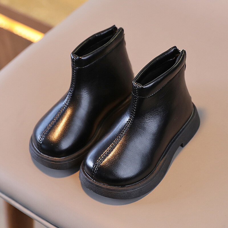 Botas femininas de couro fosco, dedo do pé redondo, botins casuais infantis, sapatos de algodão de inverno, preto, versátil, na moda