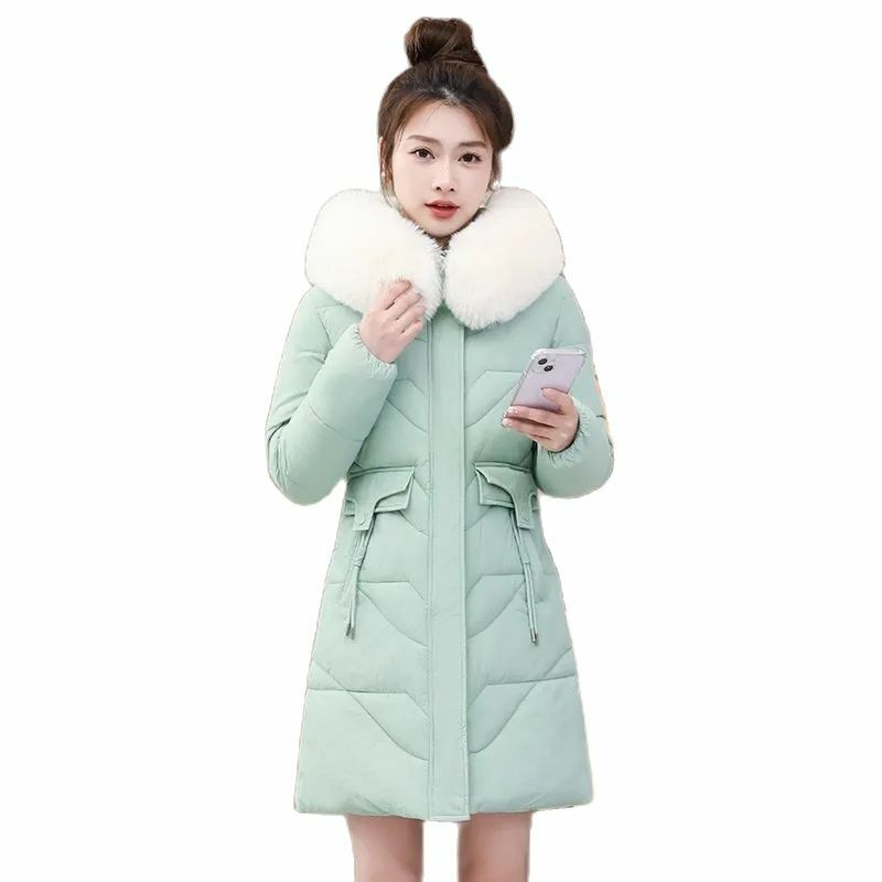 Winter New Down Cotton-Padded Jacket Ladies' Warm Collar Pocket Coat Long Versatile Loose Slim Fashion  Casual Zipper Overcoat
