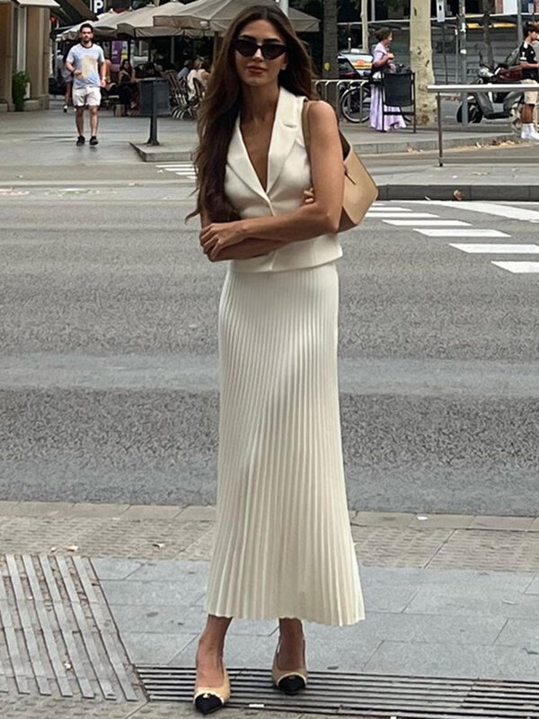 Mozision Fashion Skirt Two Piece Sets Women Notched Collar Sleeveless Crop Tops And Midi Skirt Femme Elegant Pleated Skirt Sets