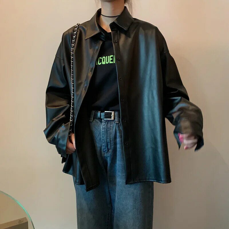 ใหม่ Chic ผู้หญิงขนาดใหญ่ PU หนังเสื้อ2022ฤดูใบไม้ผลิฤดูใบไม้ร่วงสีดำหนังสังเคราะห์ Basic Coat คอปกเสื้อมอเตอร์ Biker Jacket
