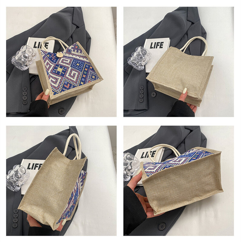 Льняная сумка для женщин, сумка для покупок, модная дизайнерская сумка, удобная вместительная сумка для ланча, винтажная сумка с аккомпанементом