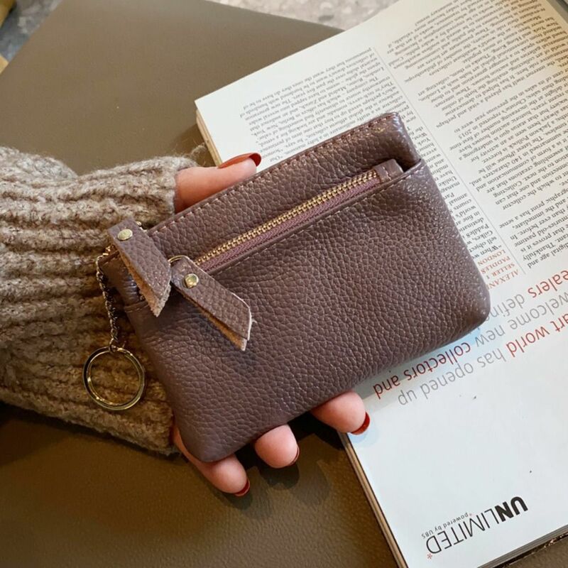 กระเป๋าเก็บบัตรกระเป๋าซิปการ์ดหนังแท้แบบพกพาที่เรียบง่ายน่ารักแบบ dompet koin