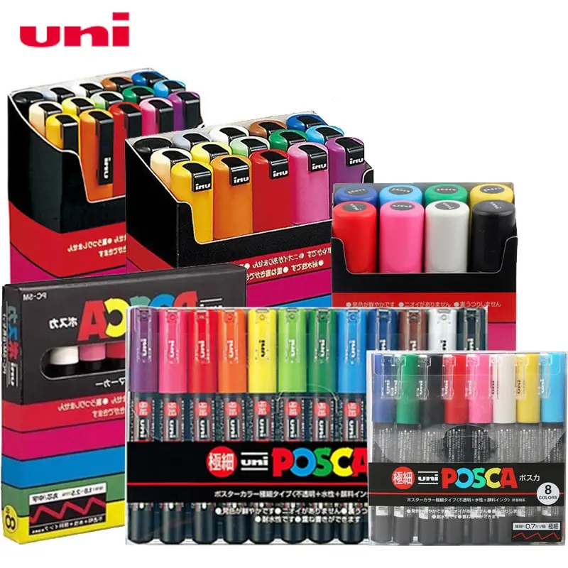 UNI POSCA MarkerปากกาชุดPOPโปสเตอร์โฆษณาGraffitiปากกาPC-1M PC-3M PC-5M PC-8K PC-17Kรอบหัวผิวมันสีปากกา