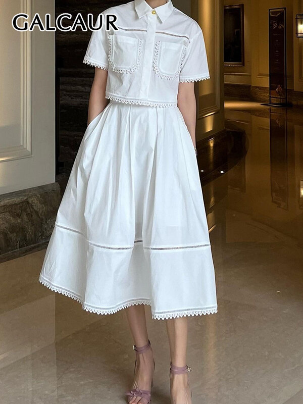 GALCAUR Elegant Two Piece Sets For Women Lapel Short Sleeve Tops High Waist A Line Pleated Skirts Solid Set Female Summer 2023
