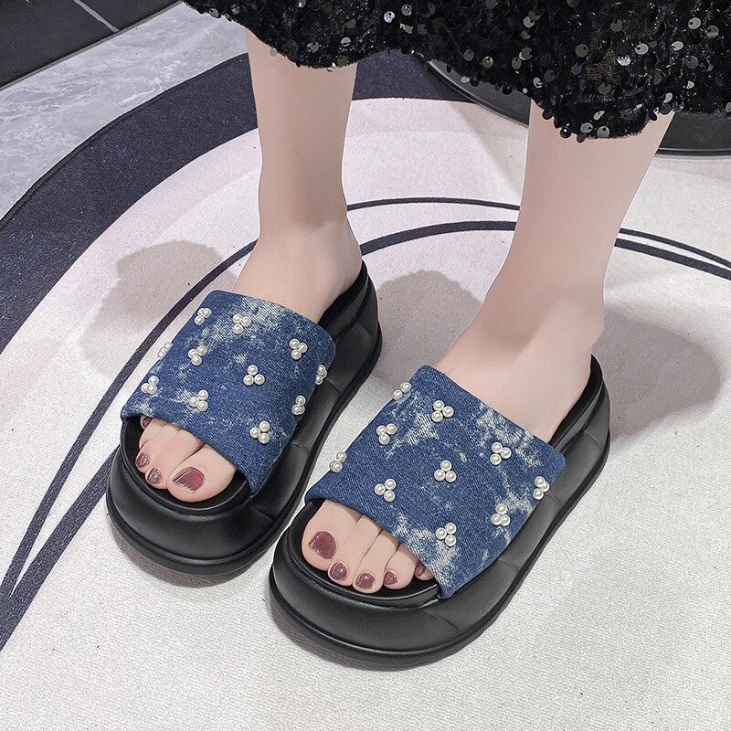 Sandali di tela con plateau grosso da 7CM pantofole con zeppa con fondo spesso da donna nuove scarpe da spiaggia antiscivolo estive donna scivoli di perle