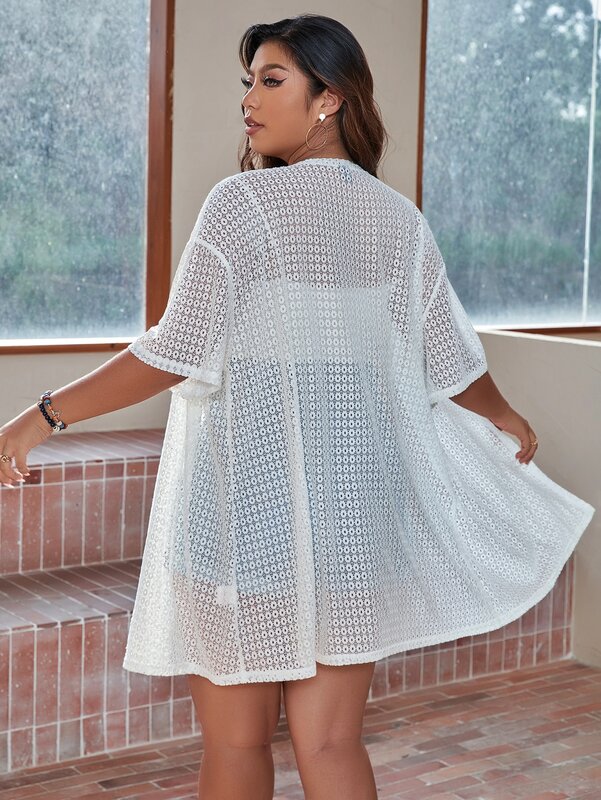 Finjani Plus Size Women Lace Blouses Fashion Lightweight Breathable Women's Cardigan Polyester Coat Top