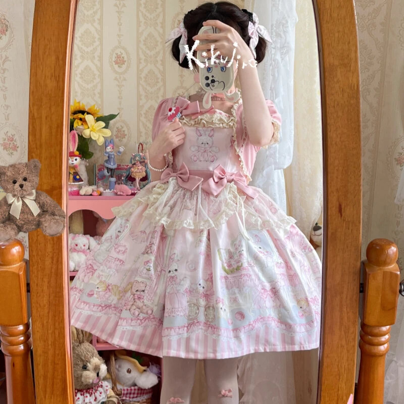 Kawaii królik miś szafa sukienka Lolita kobiet urocza koronkowa siateczka z falbankami z nadrukiem księżniczki sukienki dziewczęce słodka spotkanie przy herbacie sukienka