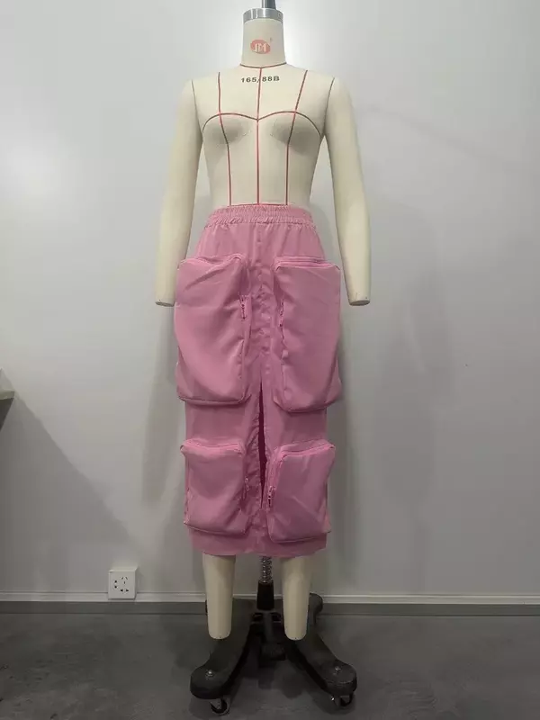 Women Elastic High Waist Zipper Big 3D Pockets High Split Casual Loose Long Skirt Streetwear Bottoms Solid Maxi Cargo Skirts