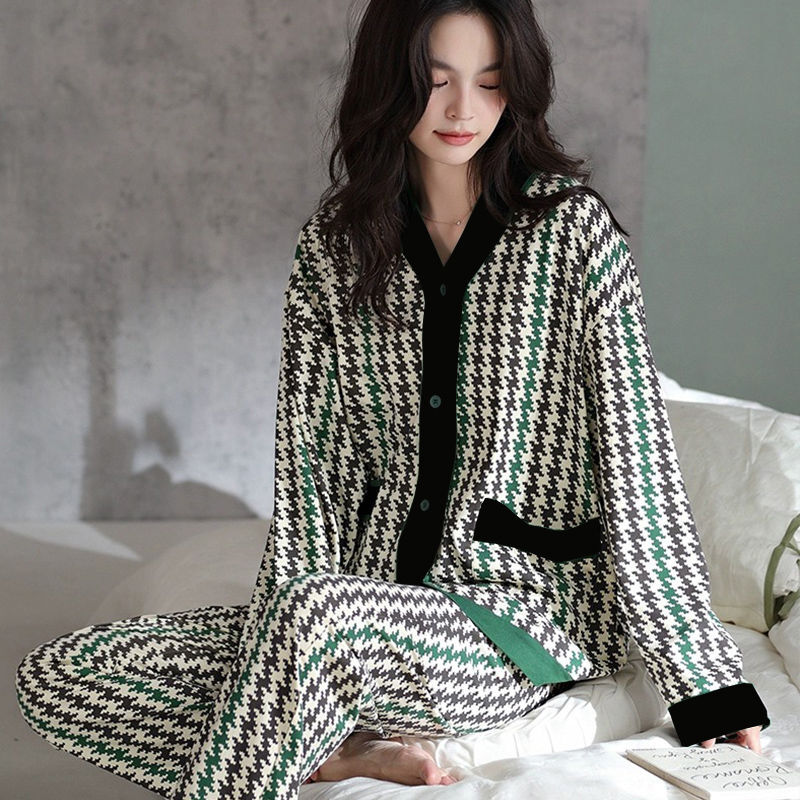 Setelan piyama wanita, Set baju tidur wanita tekstur kotak-kotak ribu burung gaya Korea lengan panjang musim semi dan jatuh elegan