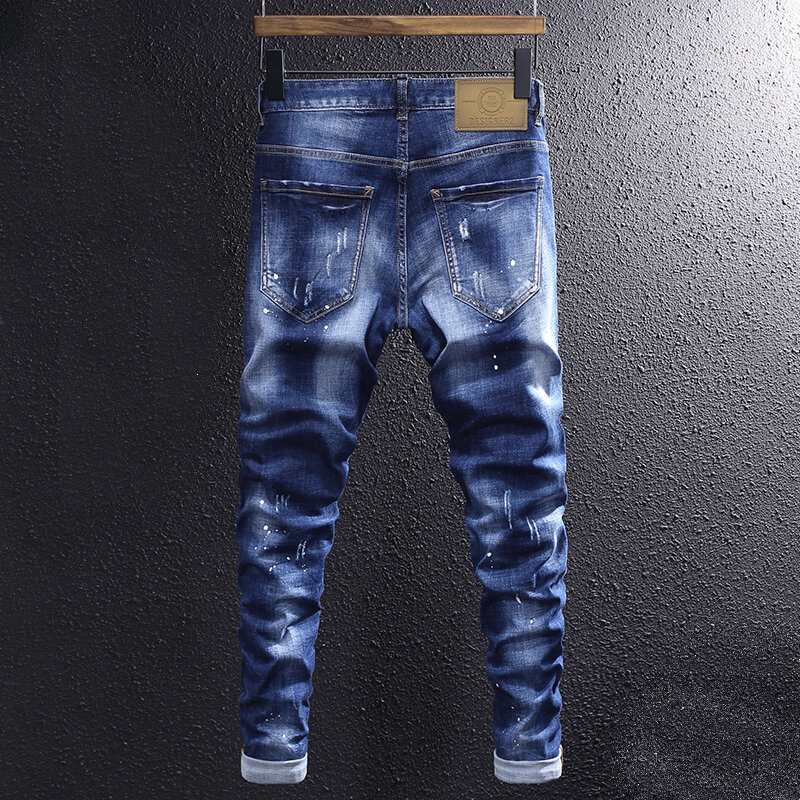Streetwear moda masculina jeans retro azul elástico fino ajuste rasgado jeans pintados designer hip hop denim calças de lápis hombre