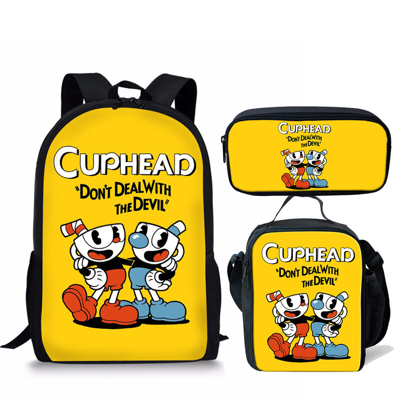 Conjunto de 3 bolsas de viaje con estampado 3D de Cuphead para estudiantes, mochila para portátil, bolsa de almuerzo, estuche para lápices, Popular, juvenil
